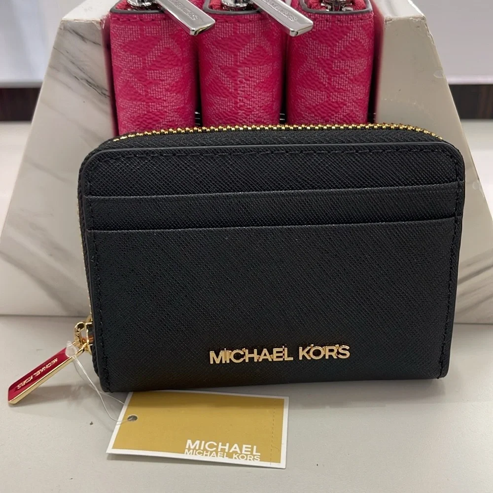 Michael Kors Jet Set Travel Md Saffiano Leather Zip Around Wallet Card Case Coin